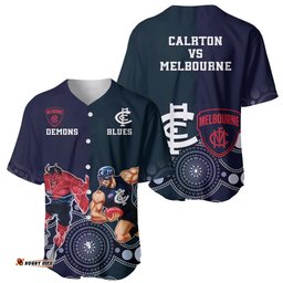 Demons And Blues Football Baseball Jersey Shirt Melbourne And Calrton Mascots Aboriginal Art