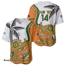 Custom Fiji And Australia Rugby Baseball Jersey Shirt Fijian Palm Tree Mix Aussie Kangaroo
