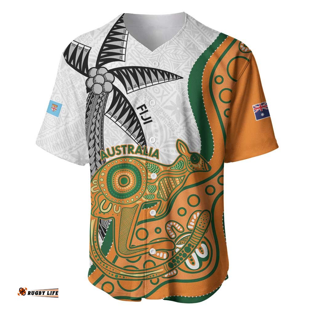 Custom Fiji And Australia Rugby Baseball Jersey Shirt Fijian Palm Tree Mix Aussie Kangaroo