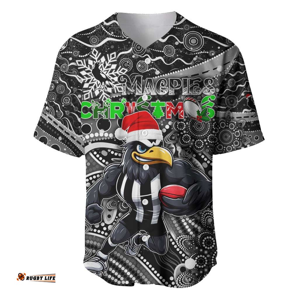 Merry Christmas AFL Collingwood Magpies Baseball Jersey Shirt Aboriginal Santa Football Mascot