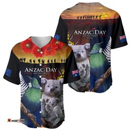 Australia and New Zealand ANZAC Day Baseball Jersey Shirt Tui Bird and Koala mix Maori and Aboriginal Pattern
