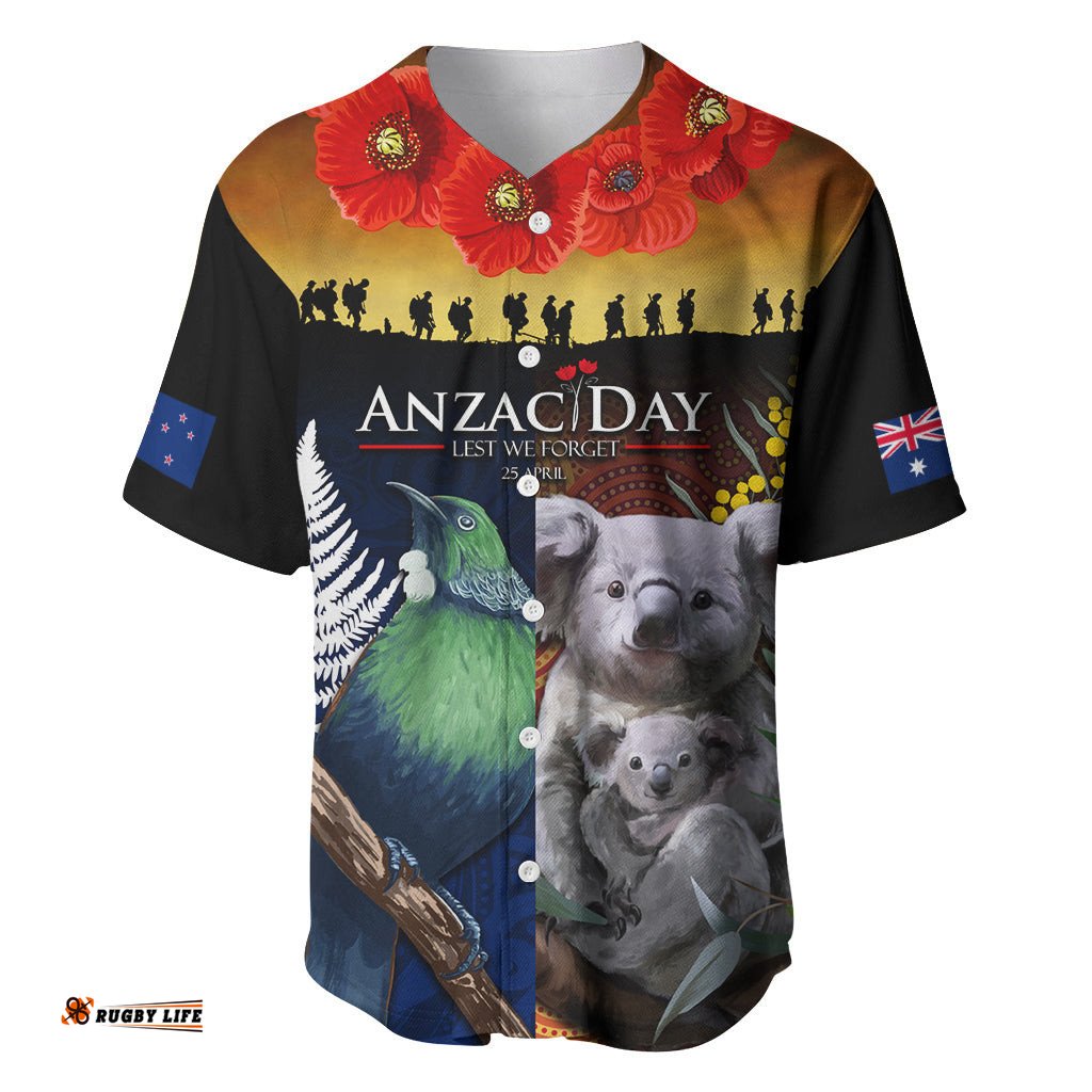 Australia and New Zealand ANZAC Day Baseball Jersey Shirt Tui Bird and Koala mix Maori and Aboriginal Pattern