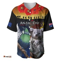 Australia and New Zealand ANZAC Day Baseball Jersey Shirt Tui Bird and Koala mix Maori and Aboriginal Pattern