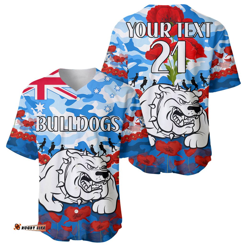 Custom Text And Number Bulldogs Rugby ANZAC Baseball Jersey Shirt Lest We Forget