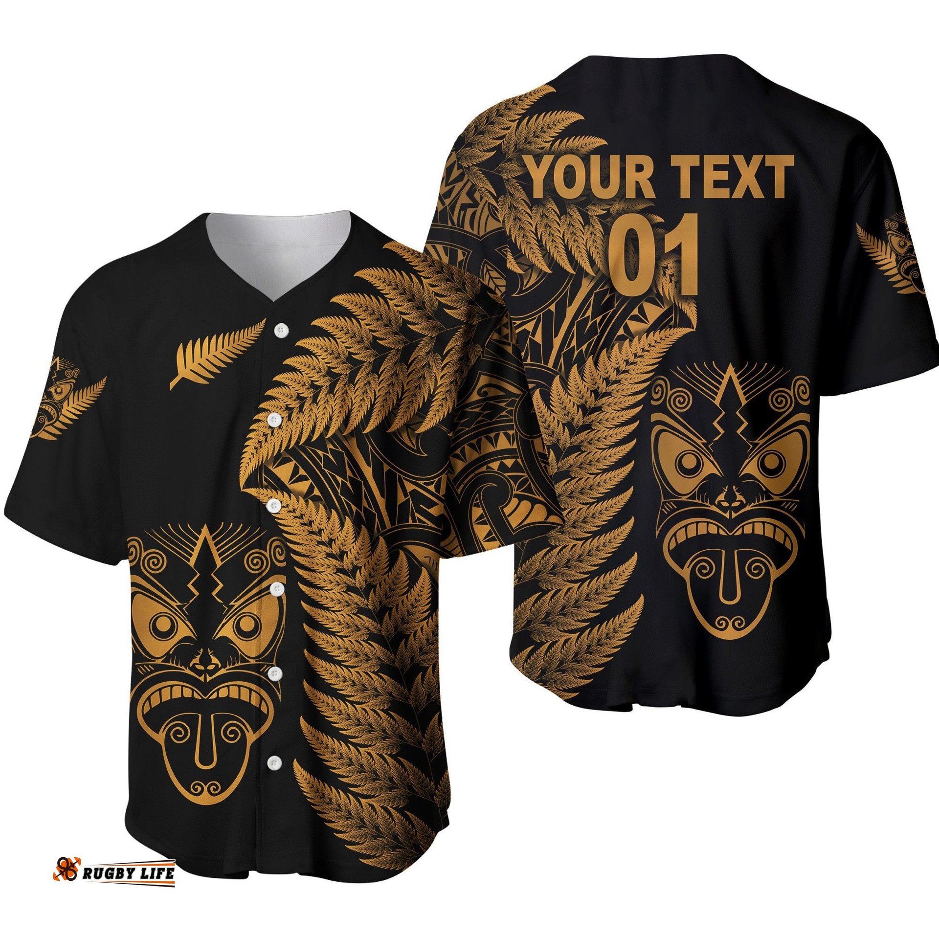 Custom Personalised New Zealand Haka Rugby Maori Baseball Jersey Shirt Silver Fern Vibes Gold