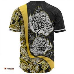 Australia  Warratah Goanna Aboriginal Baseball Shirt - Waratah Flowers With Yellow Lizards, Stones, Sand Dot Art Painting Inspired Baseball Shirt