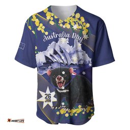 Tasimania Devil Australia Day Baseball Jersey Shirt Aussie Aussie Aussie Oi! Oi! Oi! Blue