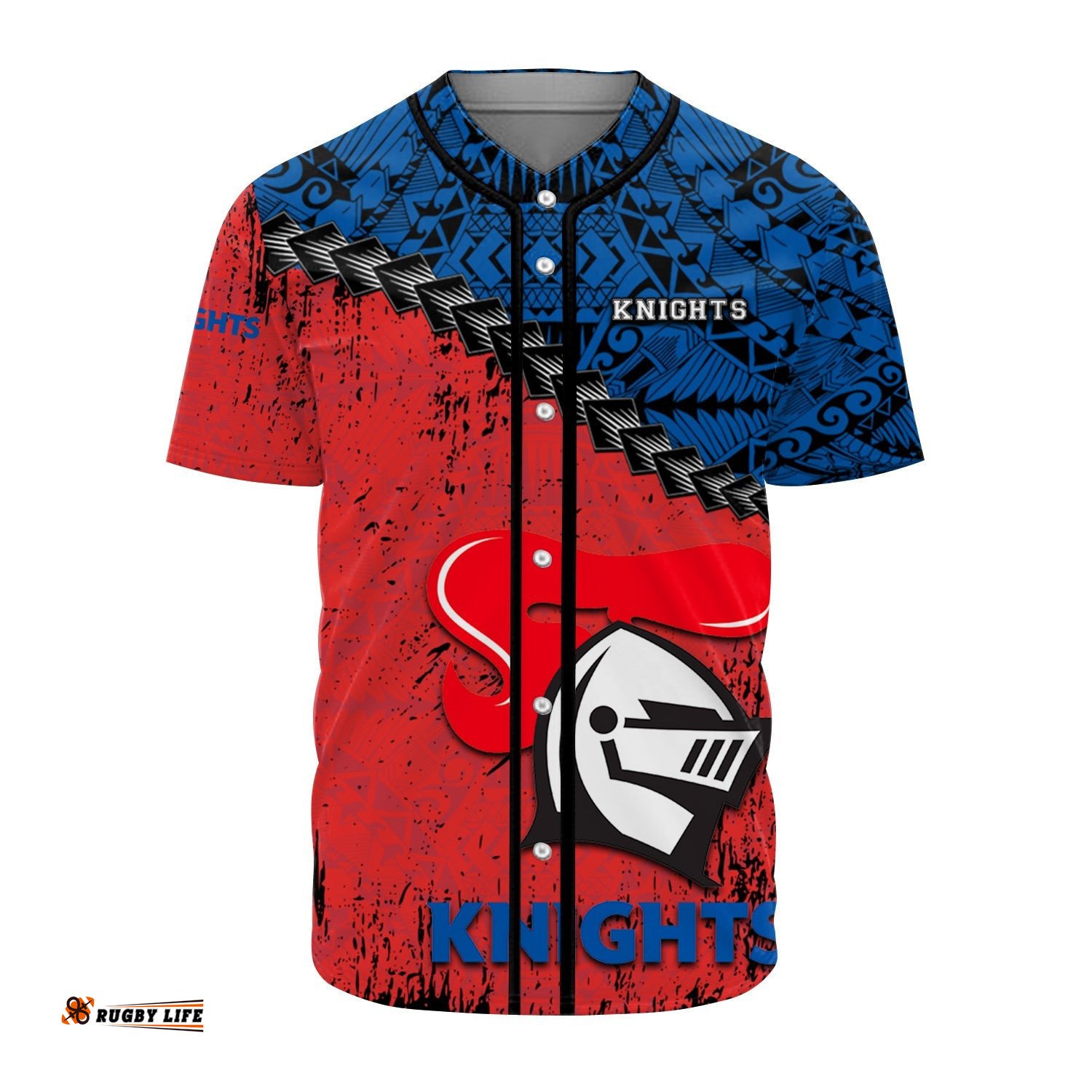 Newcastle Knights Baseball Jersey Shirt Grunge Polynesian Tattoo NRL