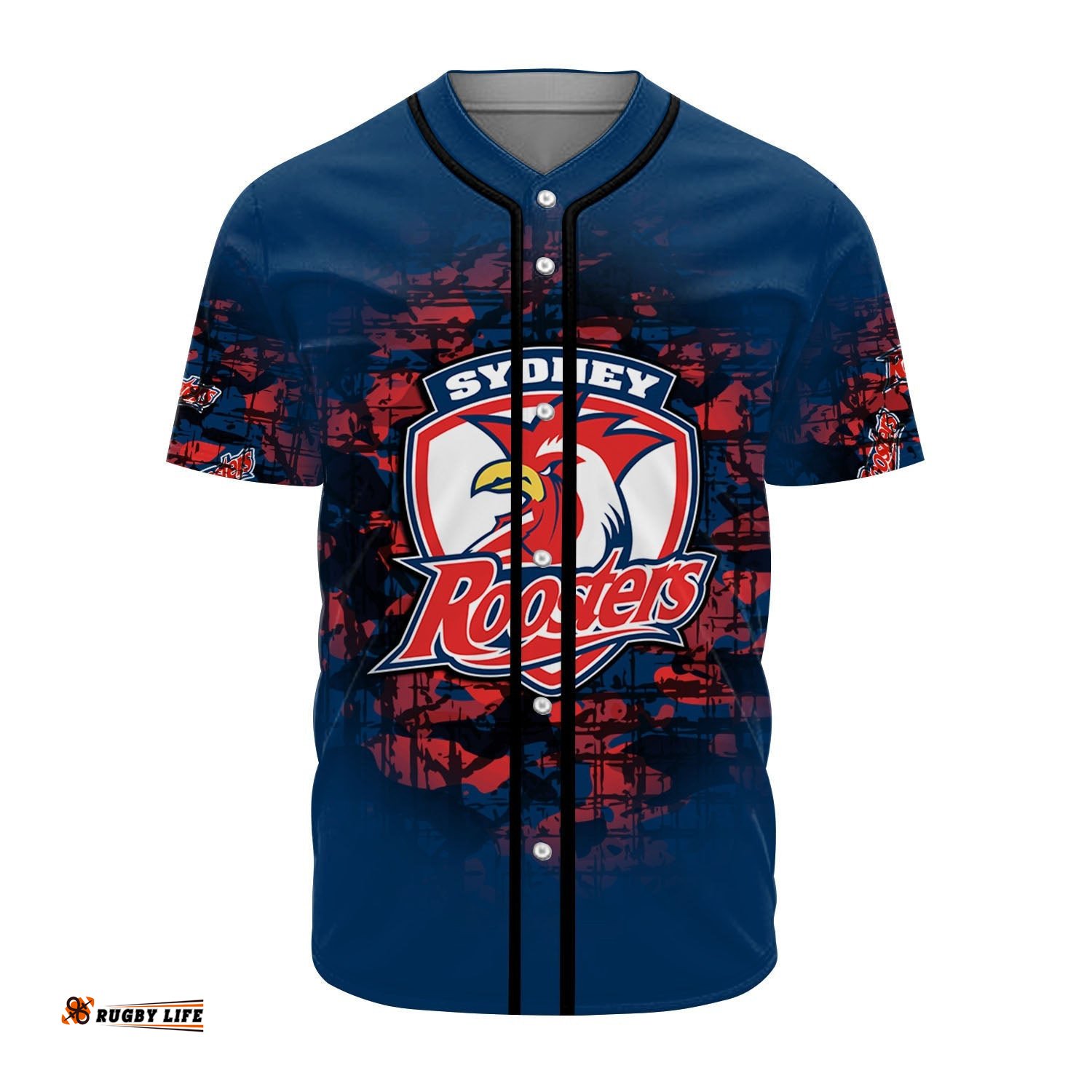Sydney Roosters Baseball Jersey Shirt Camouflage Vintage NRL