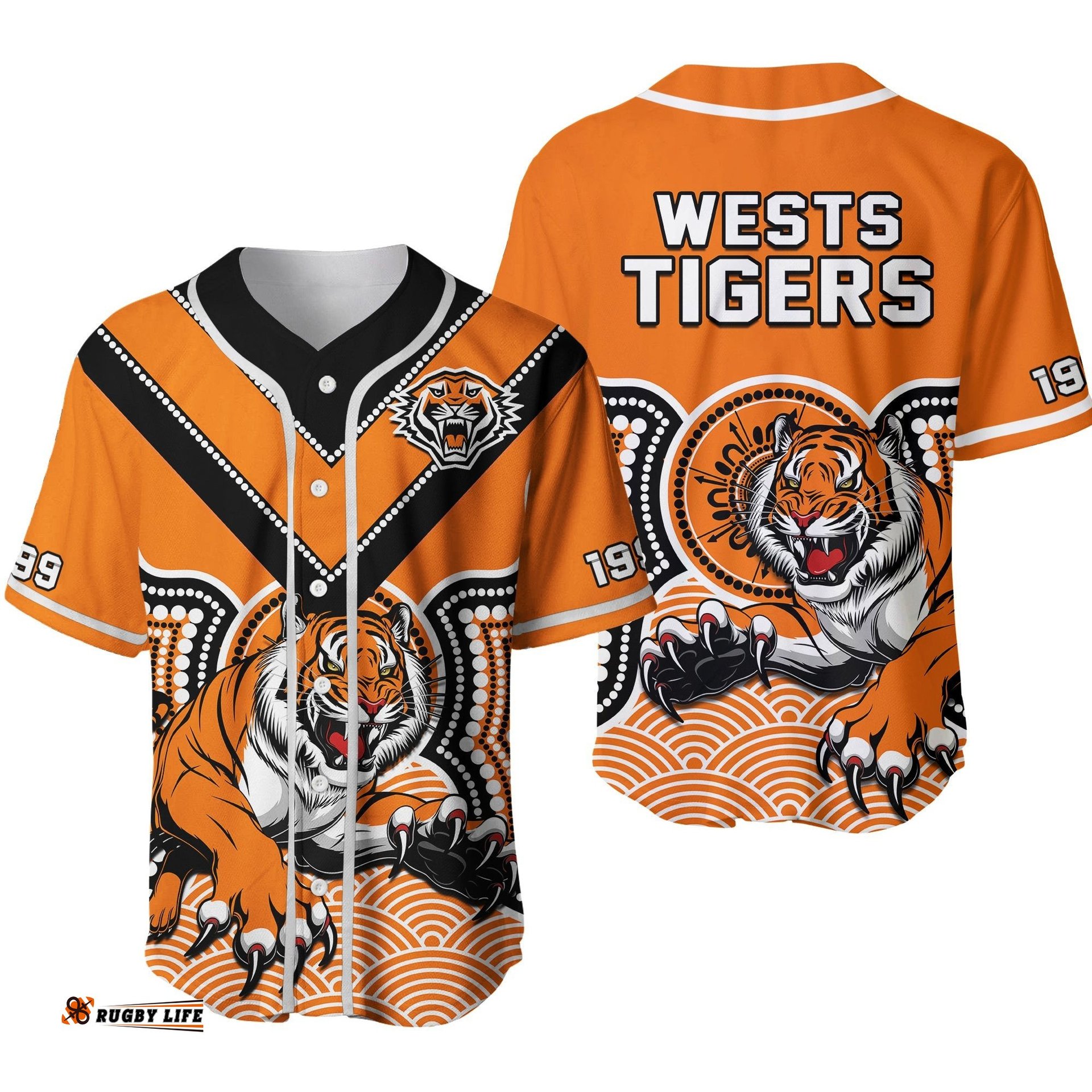 Wests Tigers Rugby Baseball Jersey Shirt Indigenous Artsy 02