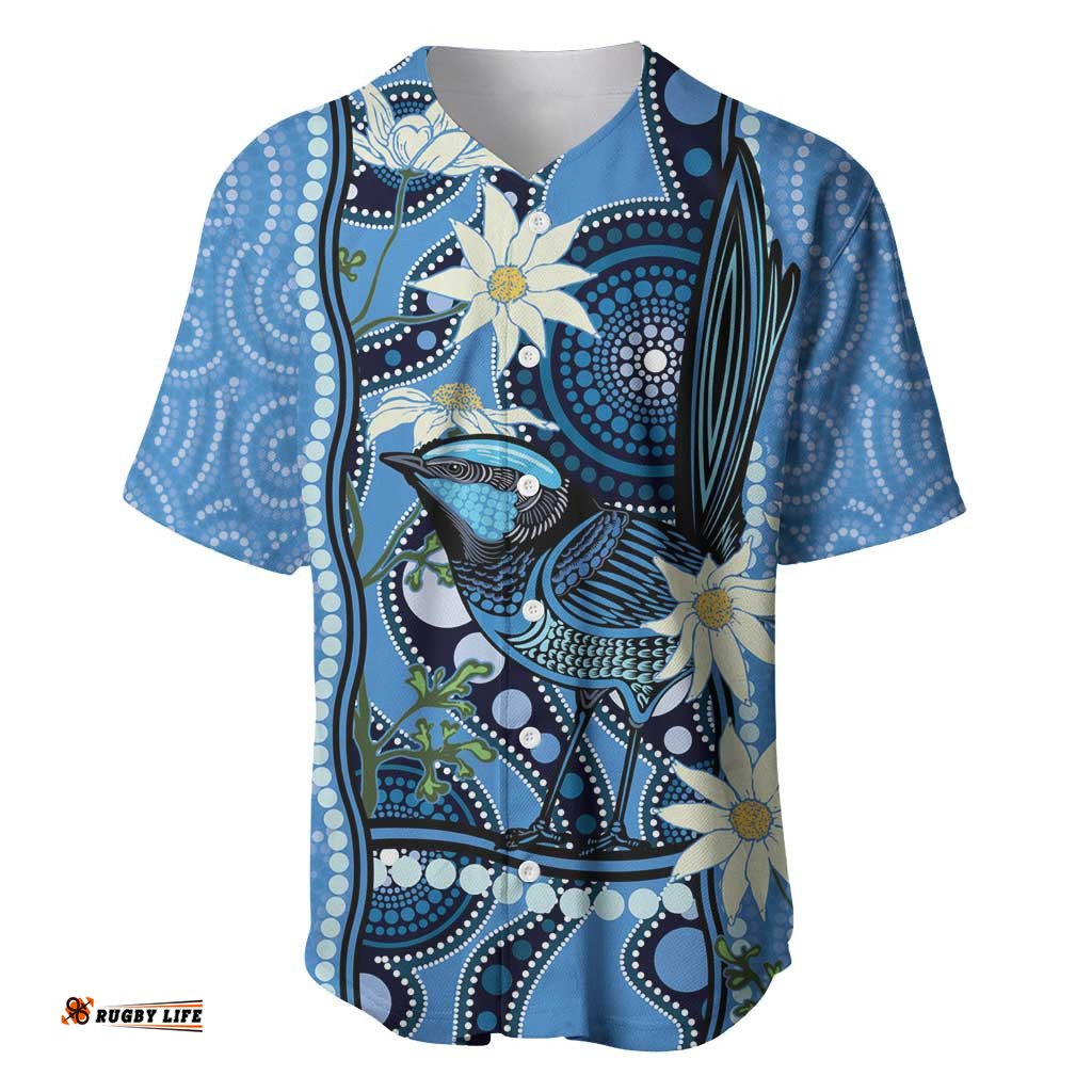 Australia Flannel Flower With Superb Fairy wren Baseball Jersey Shirt Aboriginal Art