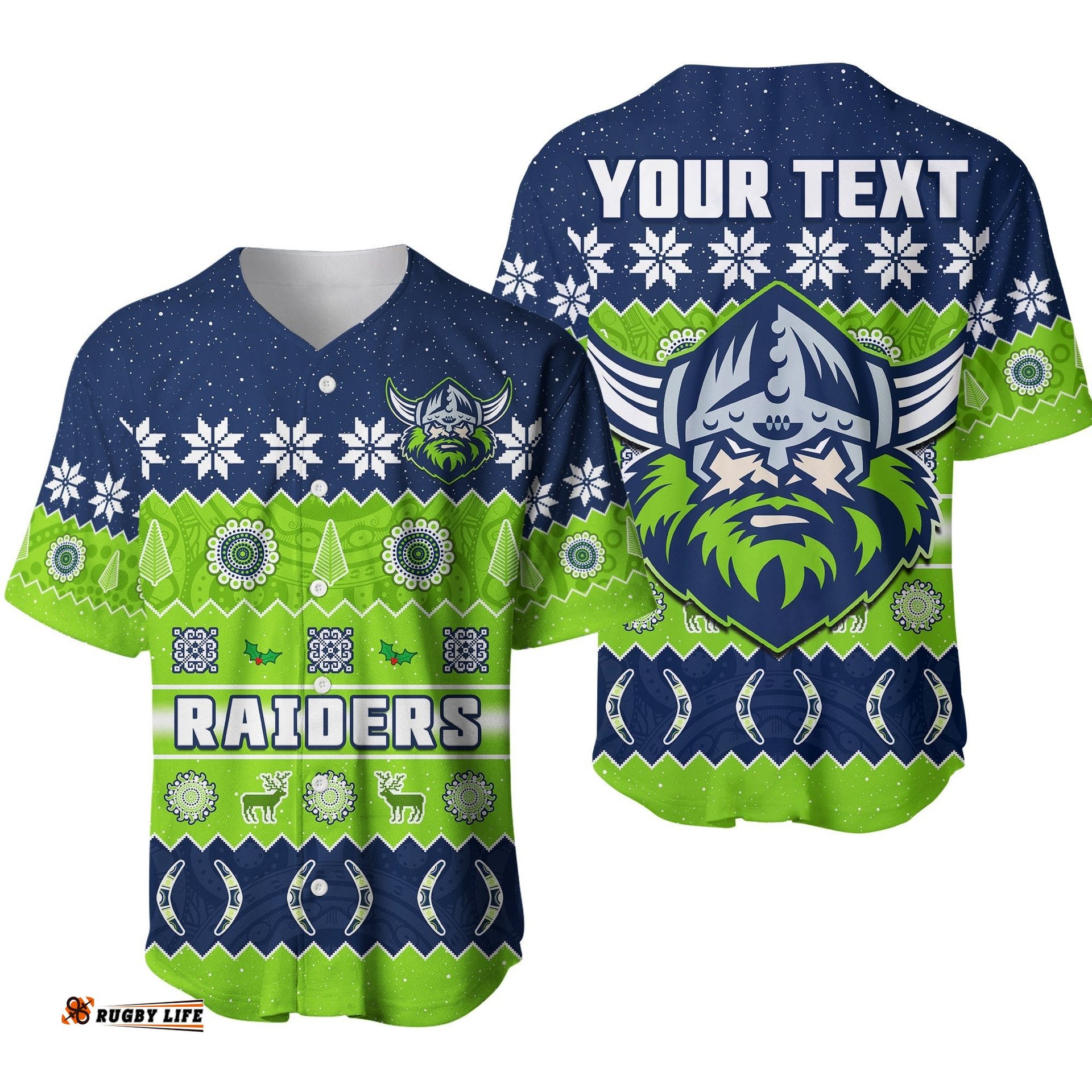 Custom Personalised Raiders Christmas Baseball Jersey Shirt The Green Machine Aboriginal Art Merry Xmas