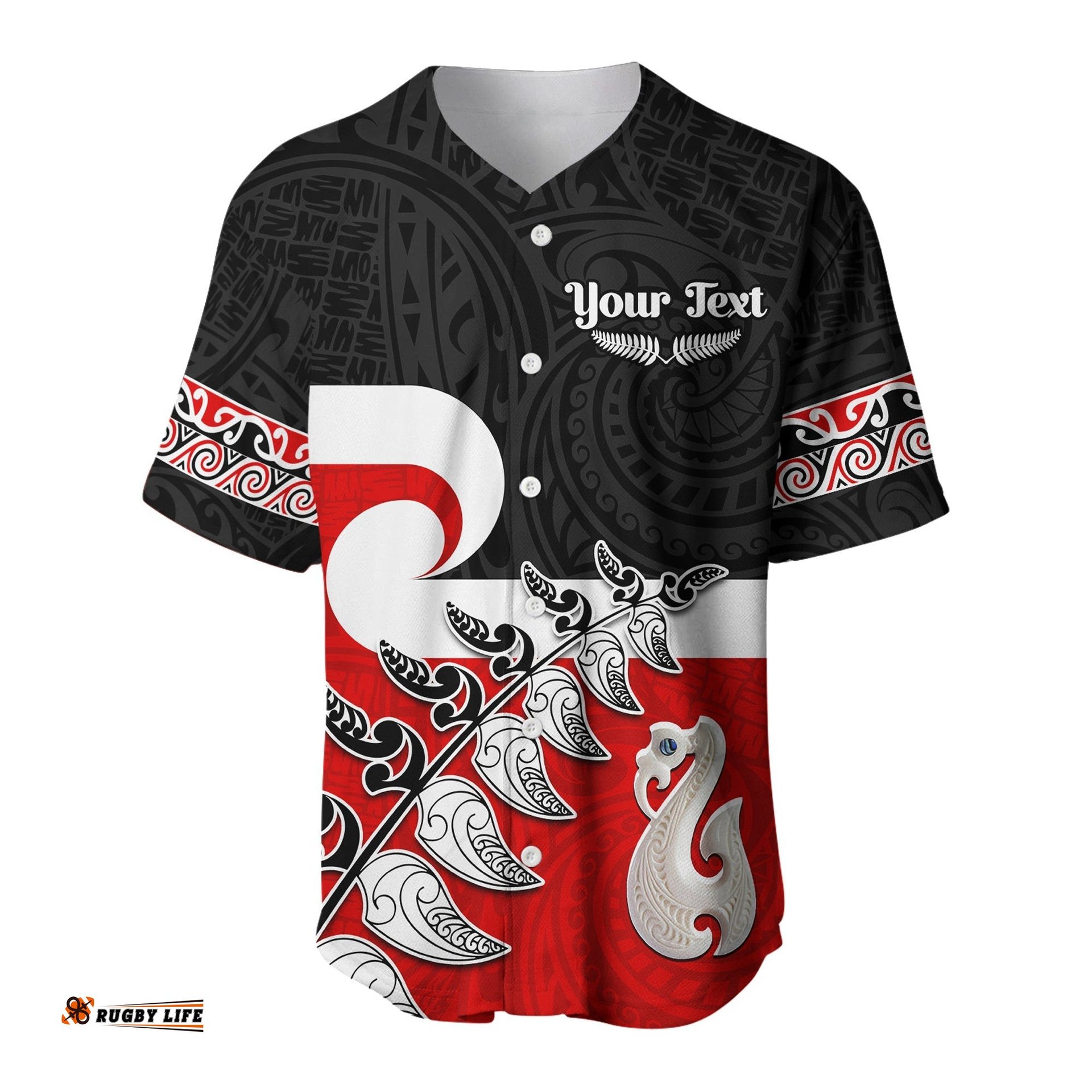 Custom Personalised Waitangi Baseball Jersey Shirt Aotearoa Maori Pattern Mix Fern and Manaia Koru