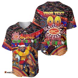 Merry Christmas AFL Gold Coast Suns Baseball Jersey Shirt Aboriginal Santa Football Mascot