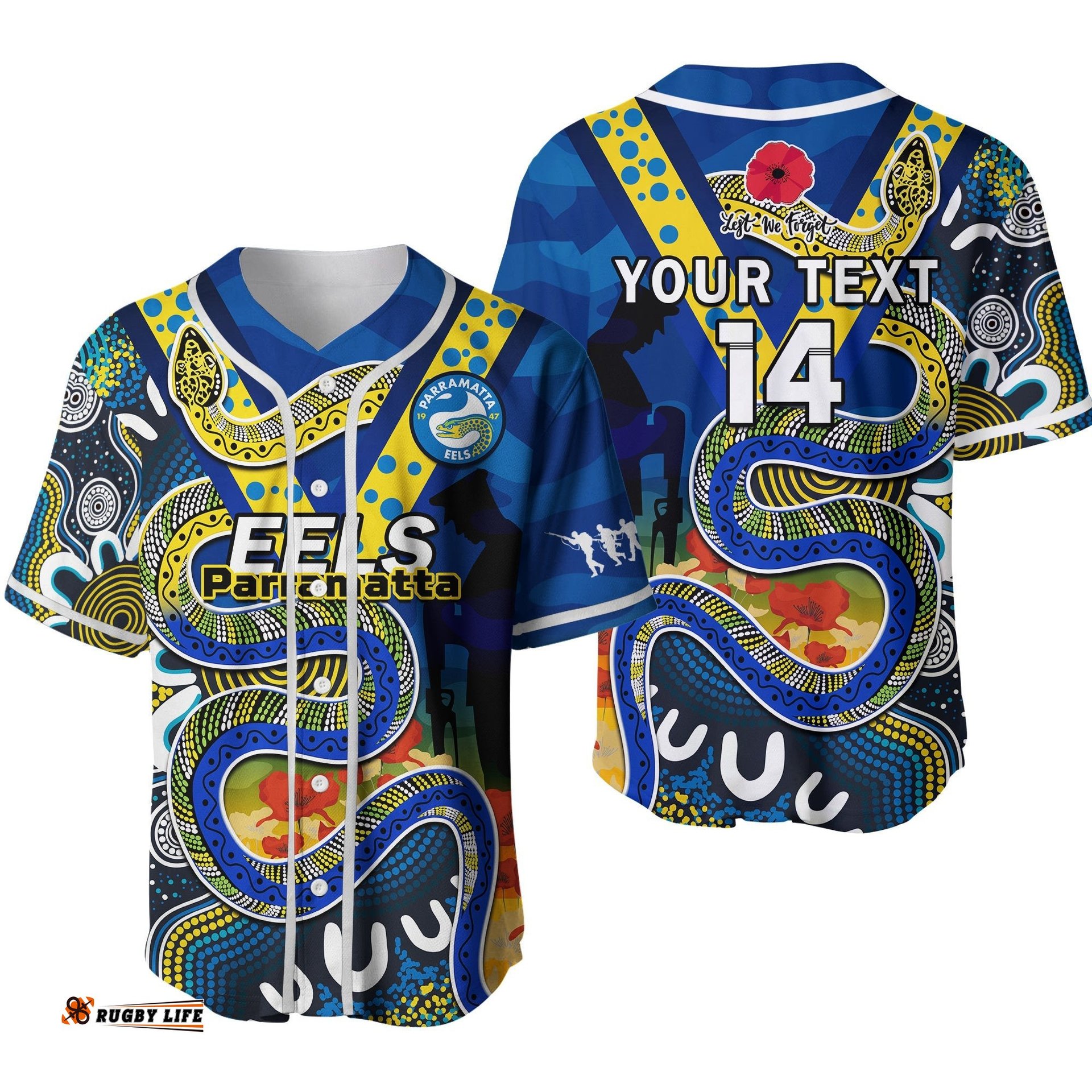 Custom Text And Number Eels Rugby ANZAC Baseball Jersey Shirt Aboriginal Mix Poppy Lest We Forget Ver.02