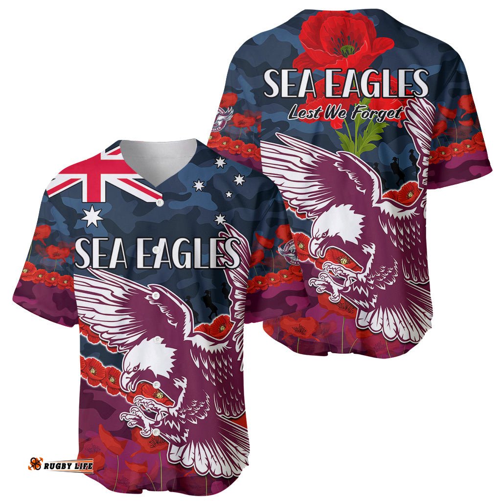 Sea Eagles Rugby ANZAC Baseball Jersey Shirt Lest We Forget
