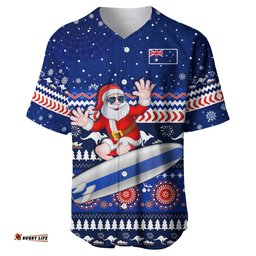 Custom Text and Number Australia Christmas Baseball Jersey Shirt Aussie Aboriginal Santa Claus is Surfing with Kangaroo