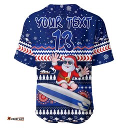 Custom Text and Number Australia Christmas Baseball Jersey Shirt Aussie Aboriginal Santa Claus is Surfing with Kangaroo