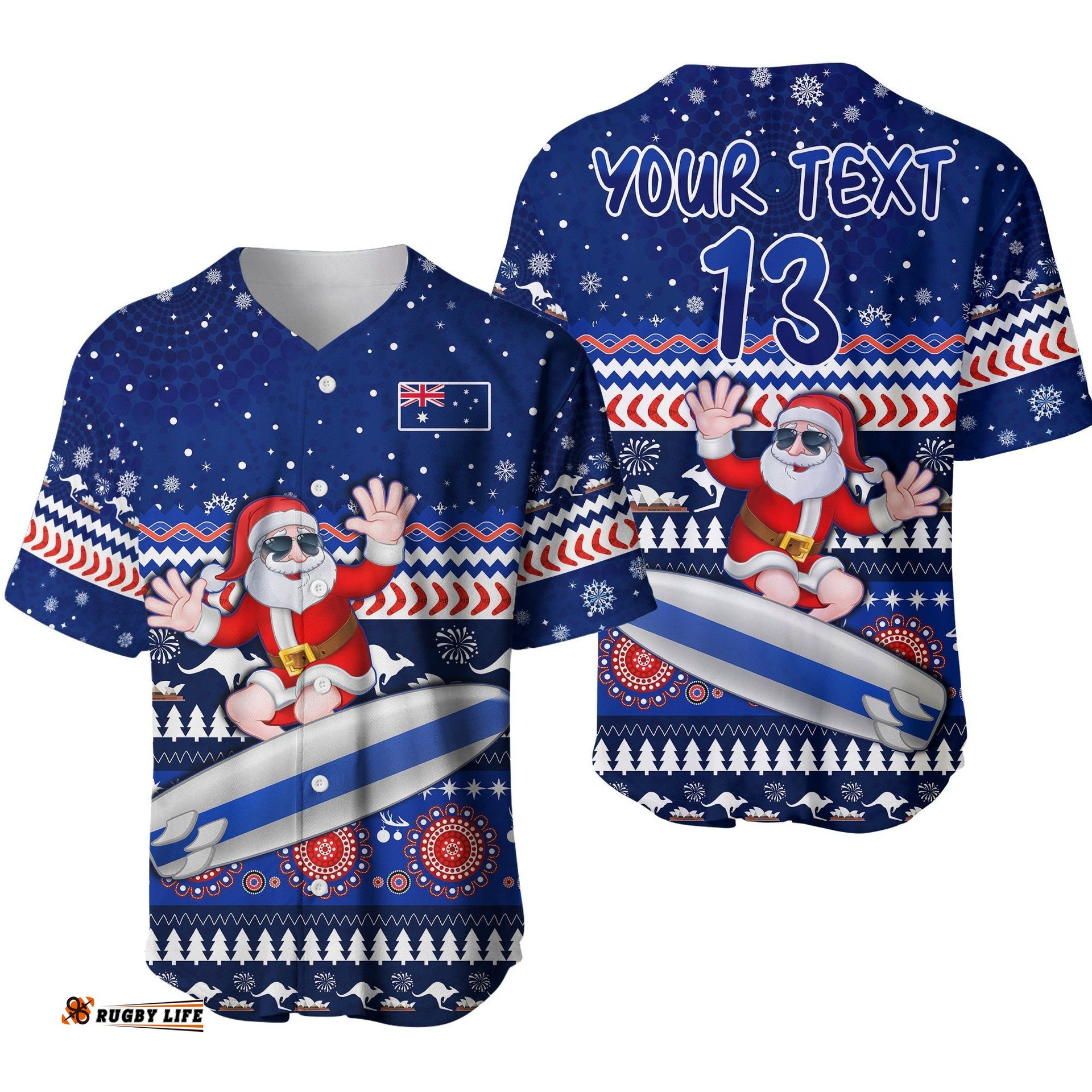 Custom Text and Number Australia Christmas Baseball Jersey Shirt Aussie Aboriginal Santa Claus is Surfing with Kangaroo