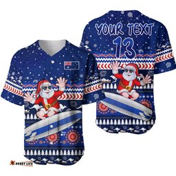 Custom Text and Number Australia Christmas Baseball Jersey Shirt Aussie Aboriginal Santa Claus is Surfing with Kangaroo