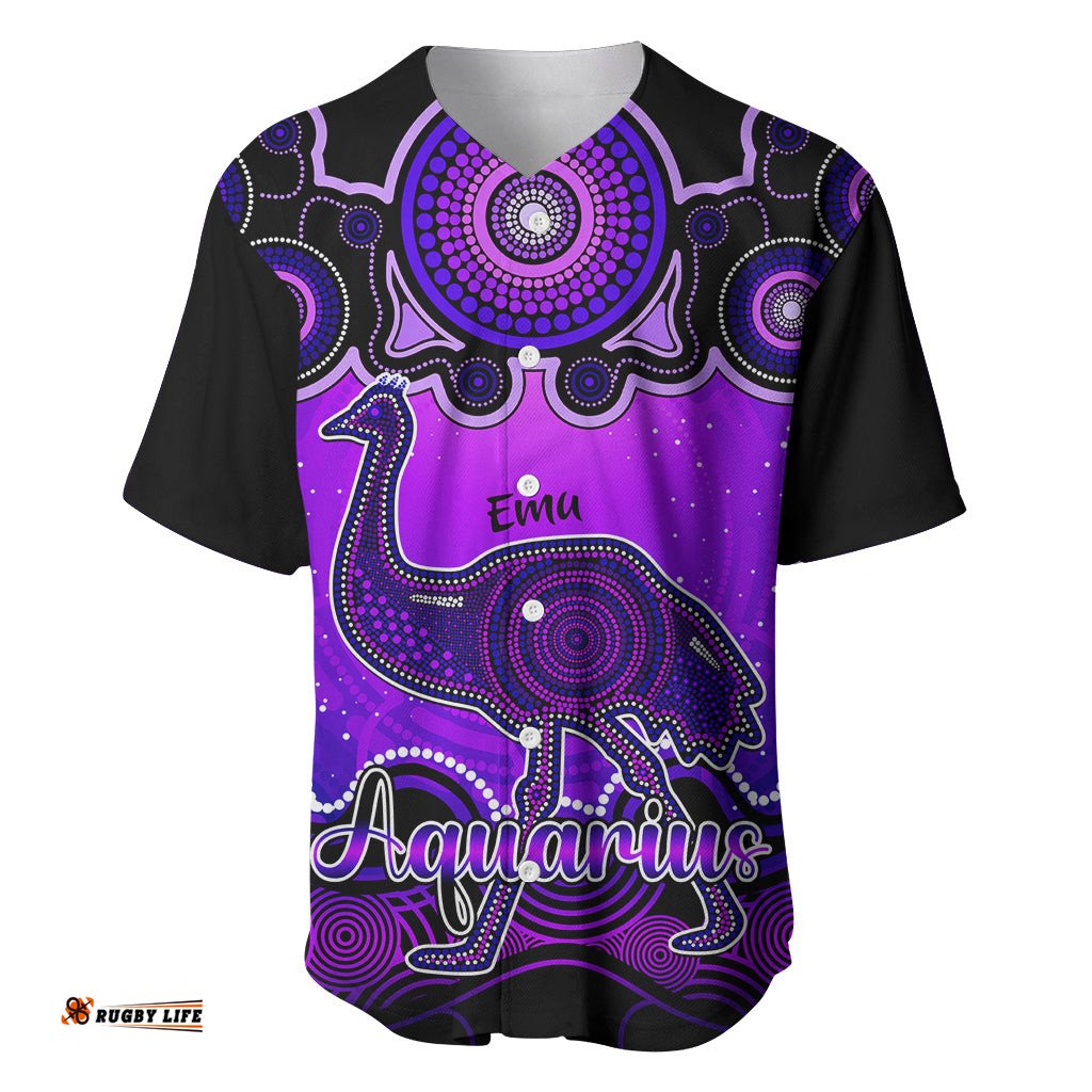 Personalised Australia Aquarius Emu Zodiac Baseball Jersey Shirt Auz Astrology Aboriginal Purple