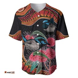 Hakea Flower And Fairy Wren Australia Baseball Jersey Shirt Aboriginal Art