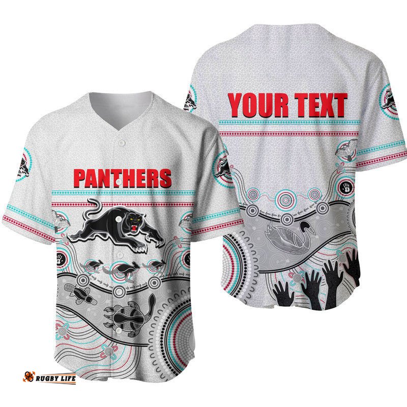 Custom Personalised Panthers Rugby Baseball Jersey Shirt Aboriginal White Style