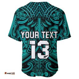 Custom Text and Number New Zealand Silver Fern Rugby Baseball Jersey Shirt All Black Turquoise NZ Maori Pattern