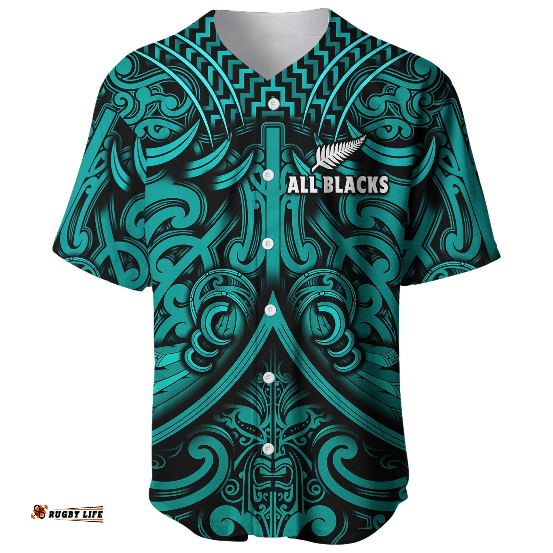 Custom Text and Number New Zealand Silver Fern Rugby Baseball Jersey Shirt All Black Turquoise NZ Maori Pattern