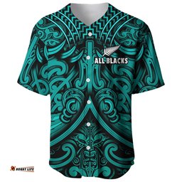 Custom Text and Number New Zealand Silver Fern Rugby Baseball Jersey Shirt All Black Turquoise NZ Maori Pattern