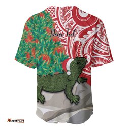 Personalised New Zealand Tuatara Christmas Baseball Jersey Shirt Meri Kirihimete Aotearoa Maori Mix Pohutukawa