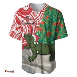 Personalised New Zealand Tuatara Christmas Baseball Jersey Shirt Meri Kirihimete Aotearoa Maori Mix Pohutukawa