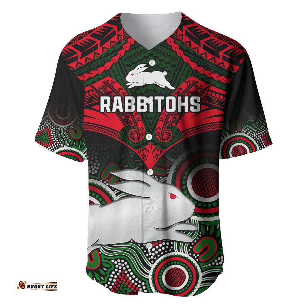 Personalised Rabbitohs Rugby Baseball Jersey Shirt Souths 1908 Aboriginal Mix Polynesian Pattern