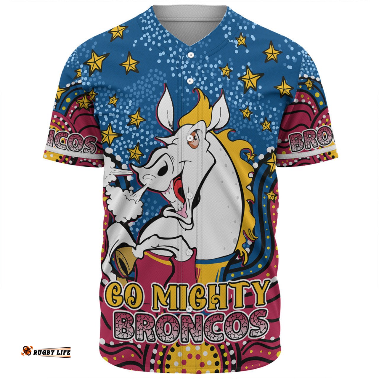 Brisbane Broncos Custom Baseball Shirt - Custom With Aboriginal Inspired Style Of Dot Painting Patterns  Baseball Shirt