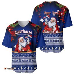 Personalised Christmas In July Baseball Jersey Shirt Happy Santa Claus With Australia Map Blue Style