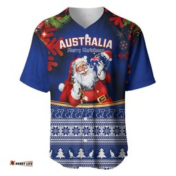 Personalised Christmas In July Baseball Jersey Shirt Happy Santa Claus With Australia Map Blue Style