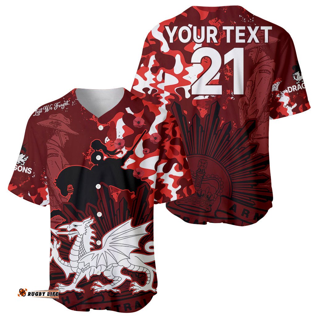 Custom Text And Number NRL ANZAC St Dragons Baseball Jersey Shirt Camouflage