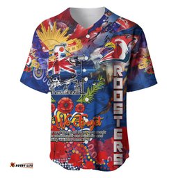 Personalised Australia Rugby Roosters ANZAC Baseball Jersey Shirt Sydney Scratch Style
