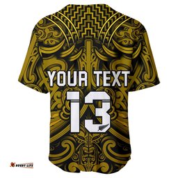 Custom Text and Number New Zealand Silver Fern Rugby Baseball Jersey Shirt All Black Gold NZ Maori Pattern