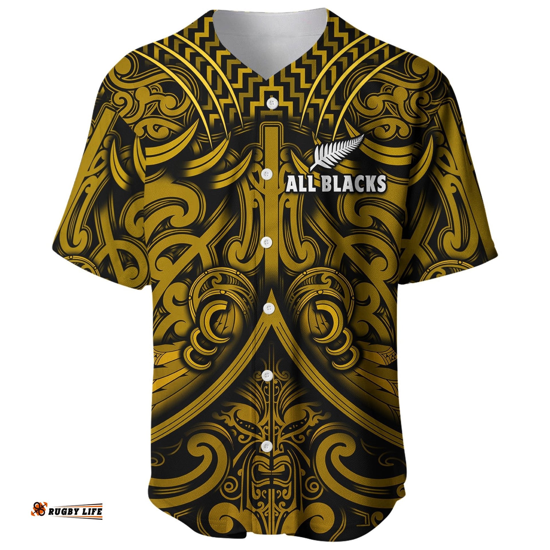 Custom Text and Number New Zealand Silver Fern Rugby Baseball Jersey Shirt All Black Gold NZ Maori Pattern