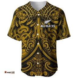 Custom Text and Number New Zealand Silver Fern Rugby Baseball Jersey Shirt All Black Gold NZ Maori Pattern