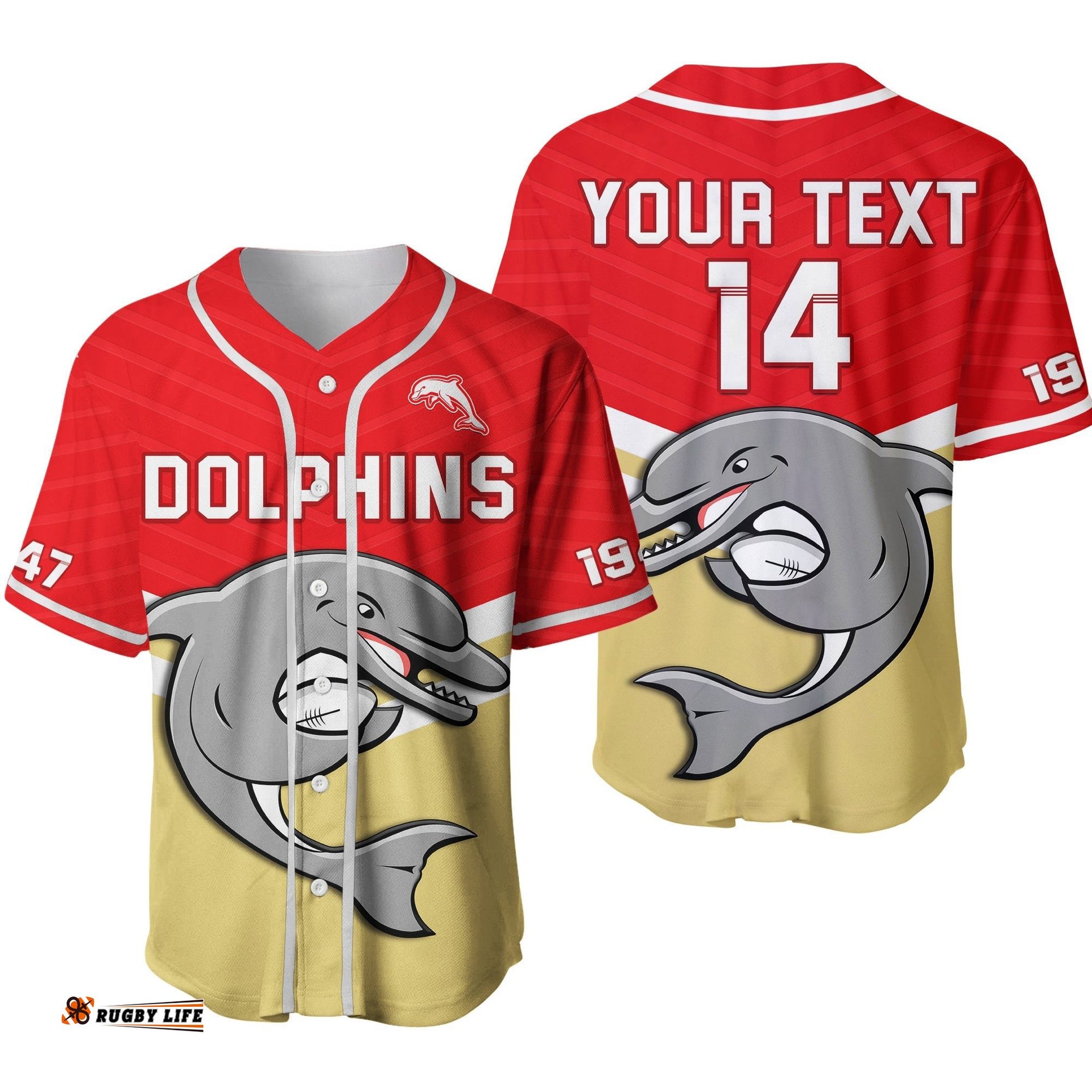 Custom Text And Number Dolphins Rugby Baseball Jersey Shirt Sporty Style Strip Ver.01