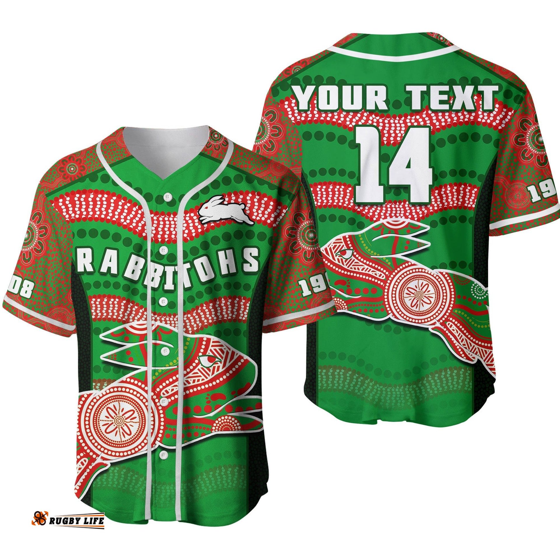 Custom Text And Number Rabbitohs Rugby Baseball Jersey Shirt Souths 1908 Aboriginal Dot Painting Go Bunnies Ver.02