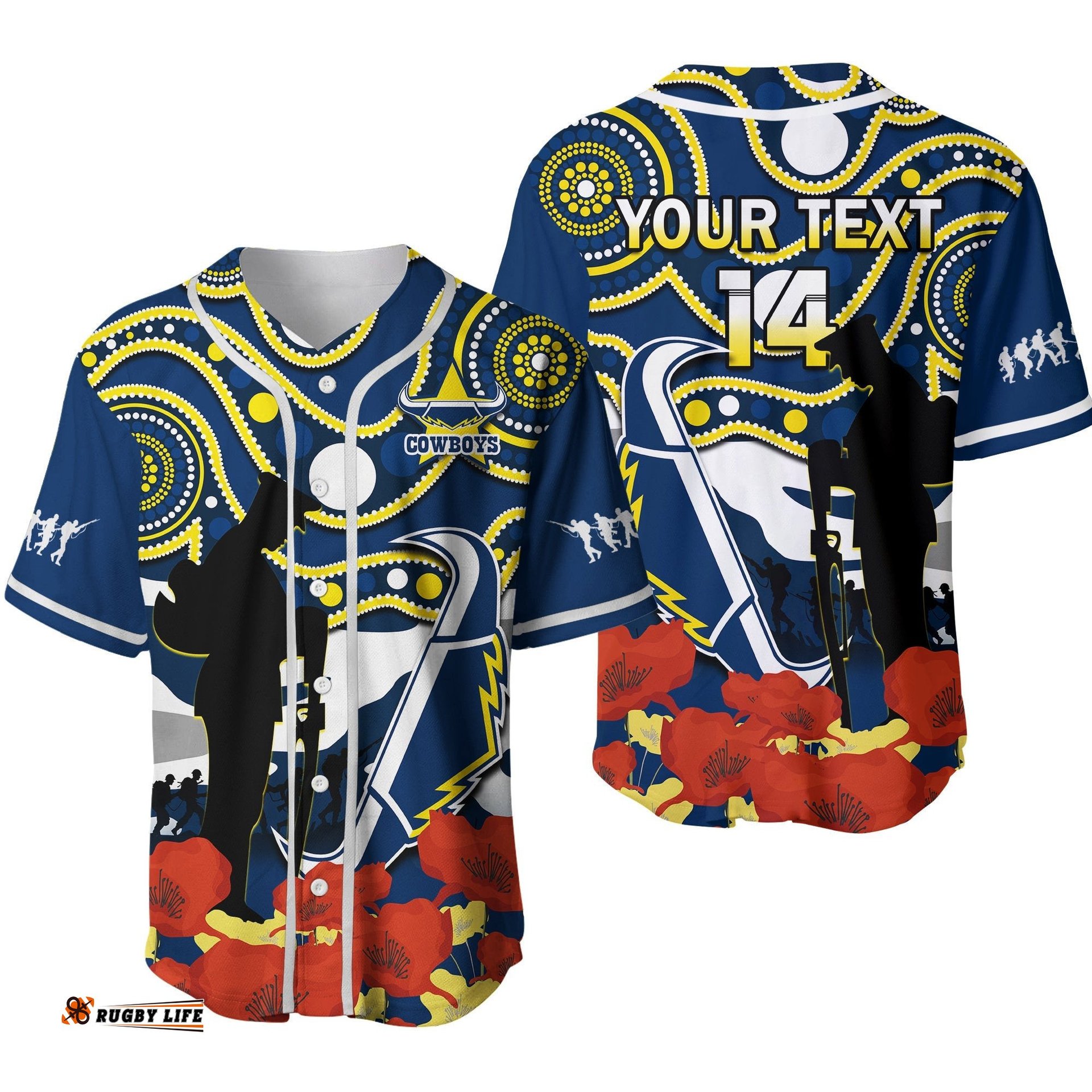 Custom Text And Number Cowboys Rugby ANZAC Baseball Jersey Shirt Australian Army Aboriginal Lest We Forget Ver.02