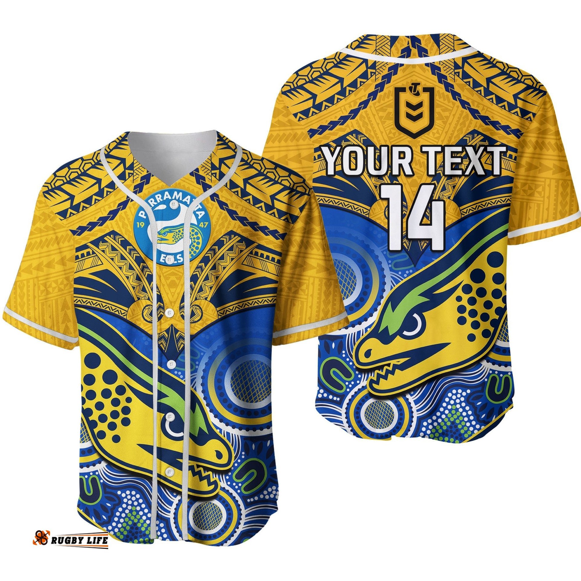 Custom Text And Number Parramatta Rugby Baseball Jersey Shirt Go Eels Polynesian Mix Indigenous Art Ver.02