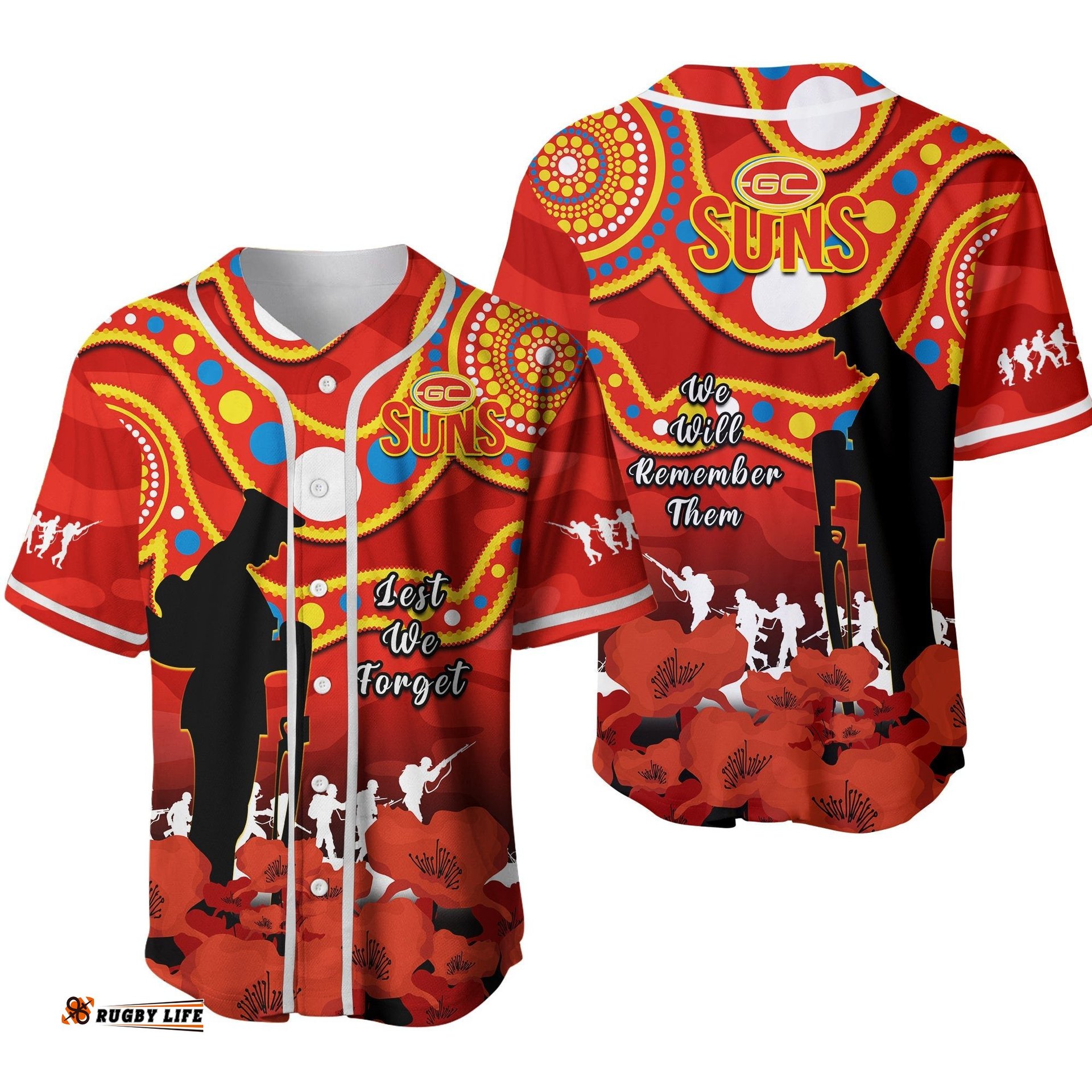 Gold Coast Football ANZAC Baseball Jersey Shirt Suns Aboriginal Mix Poppy Camouflage Ver.02