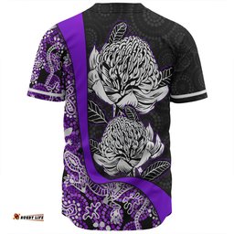 Amazing Aussie Australia Warratah Goanna Aboriginal Waratah Flowers With Purple Lizards, Stones, Sand Dot Art Painting Inspired Baseball Shirt