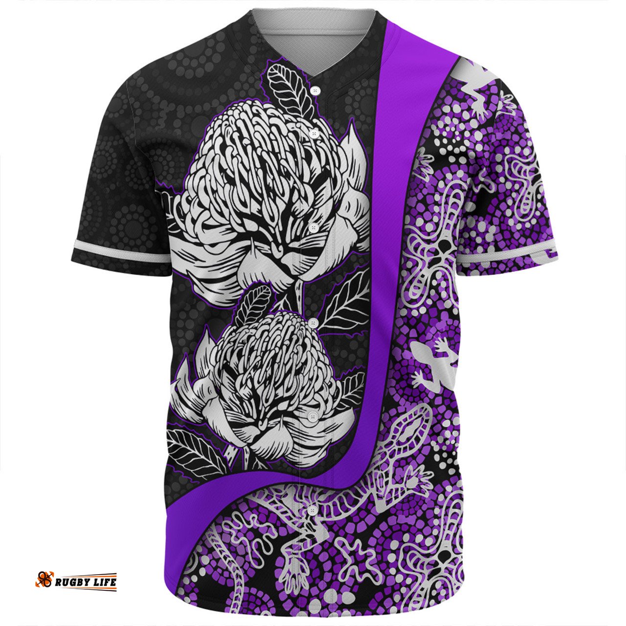 Amazing Aussie Australia Warratah Goanna Aboriginal Waratah Flowers With Purple Lizards, Stones, Sand Dot Art Painting Inspired Baseball Shirt