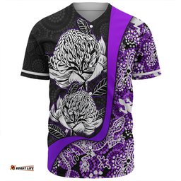 Amazing Aussie Australia Warratah Goanna Aboriginal Waratah Flowers With Purple Lizards, Stones, Sand Dot Art Painting Inspired Baseball Shirt