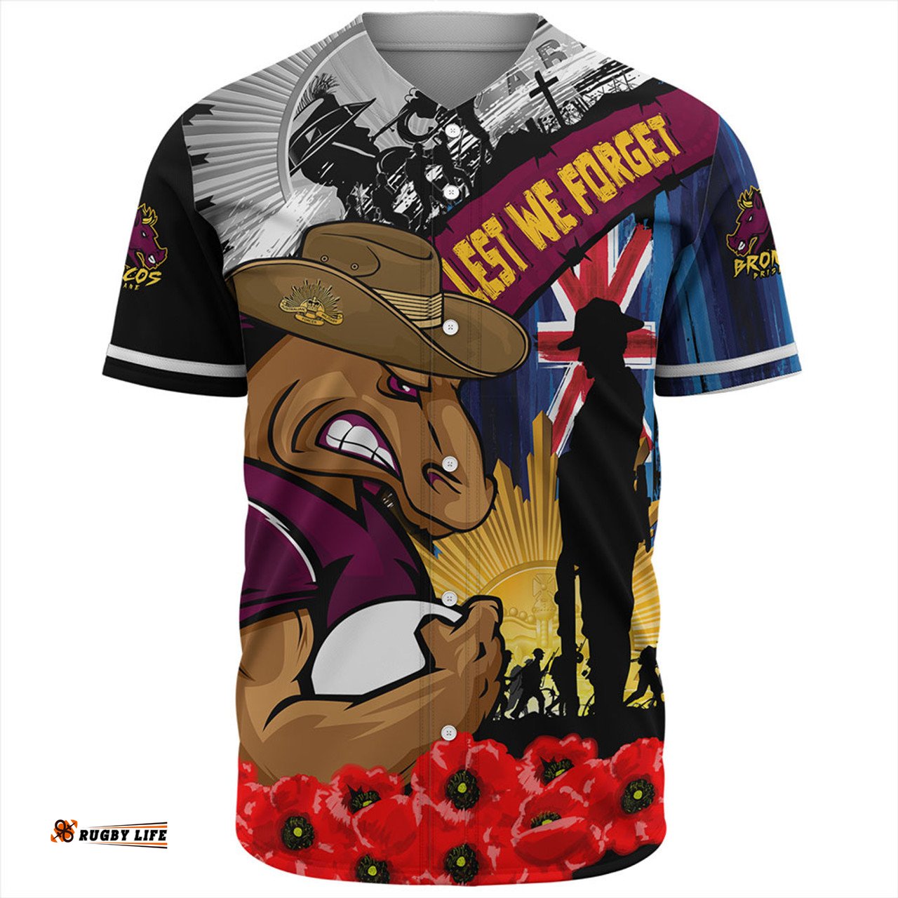 Amazing Aussie Brisbane Broncos United In Spirit Anzac Day Tribute Baseball Shirt